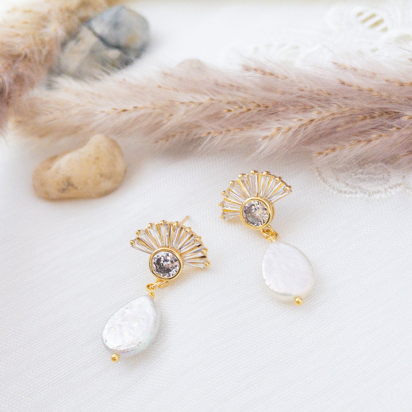 Bridal Earrings featuring fan shaped studs with freshwater pearls by YSM Designs