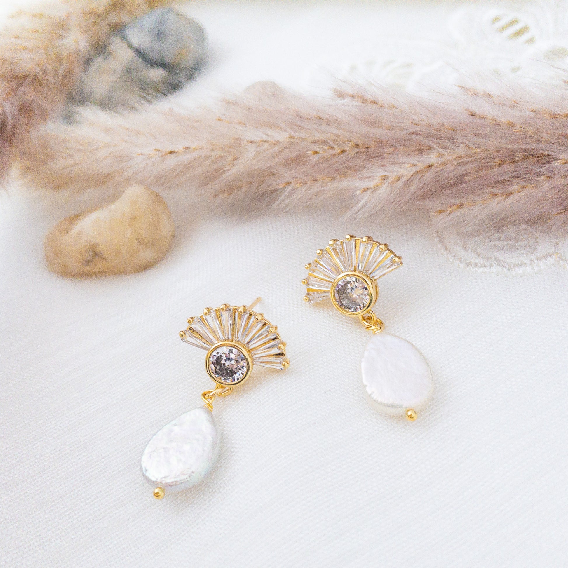 Bridal Earrings featuring fan shaped studs with freshwater pearls by YSM Designs