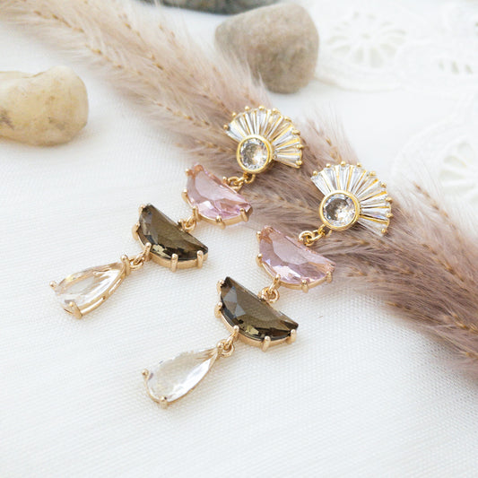 Art Deco Earrings featuring fan shaped studs mixed with brown and pink crystal stones