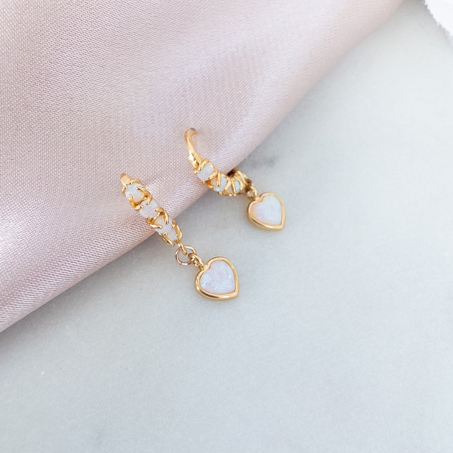 Heart Opal Inlay Huggie Hoops