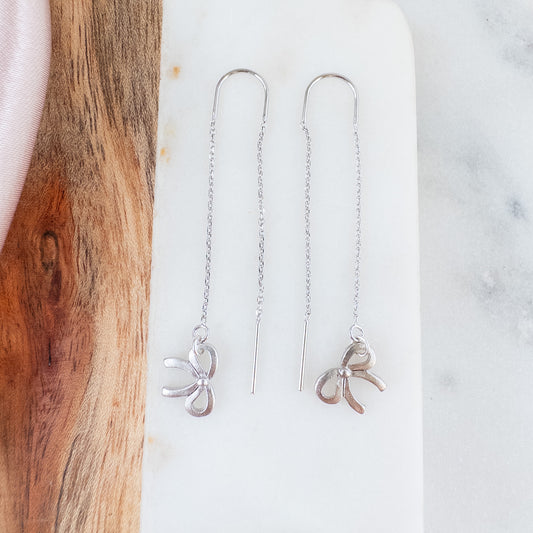Silver Bow Threader Earrings