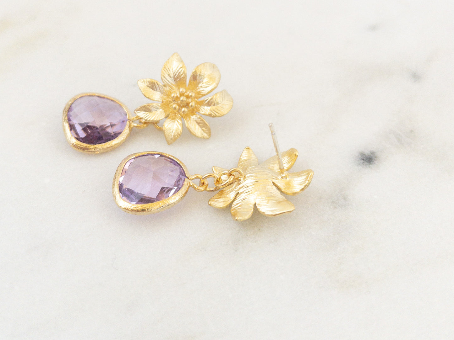 Gold Clematis Flower Earrings with Lilac Stones