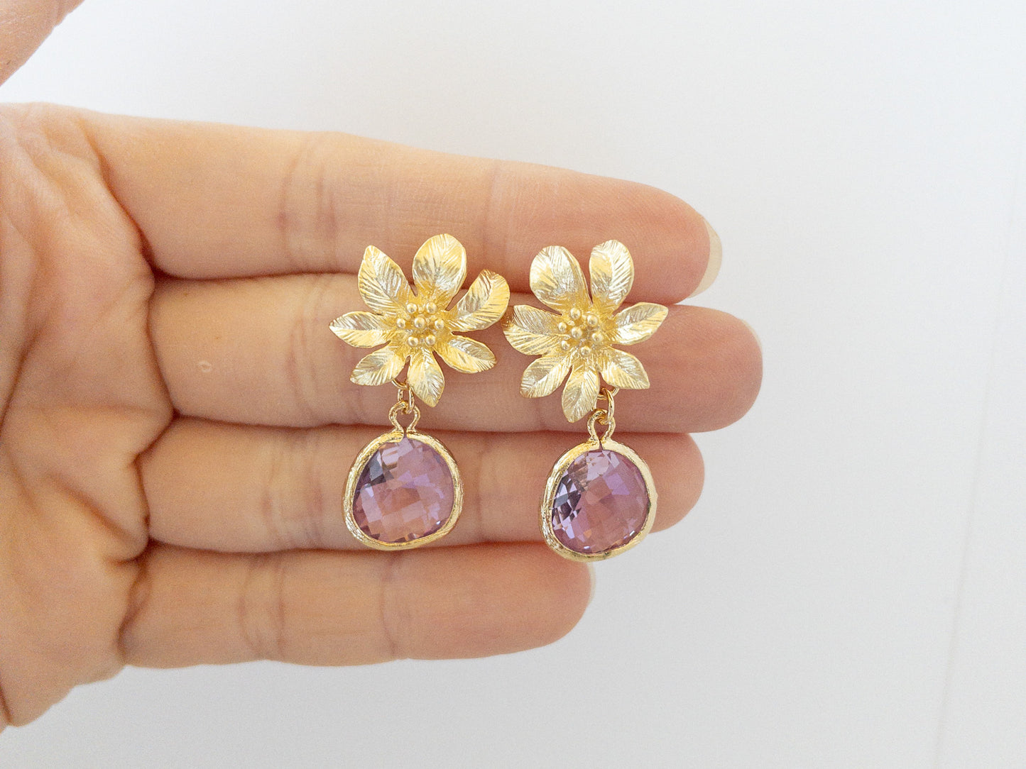 Gold Clematis Flower Earrings with Lilac Stones