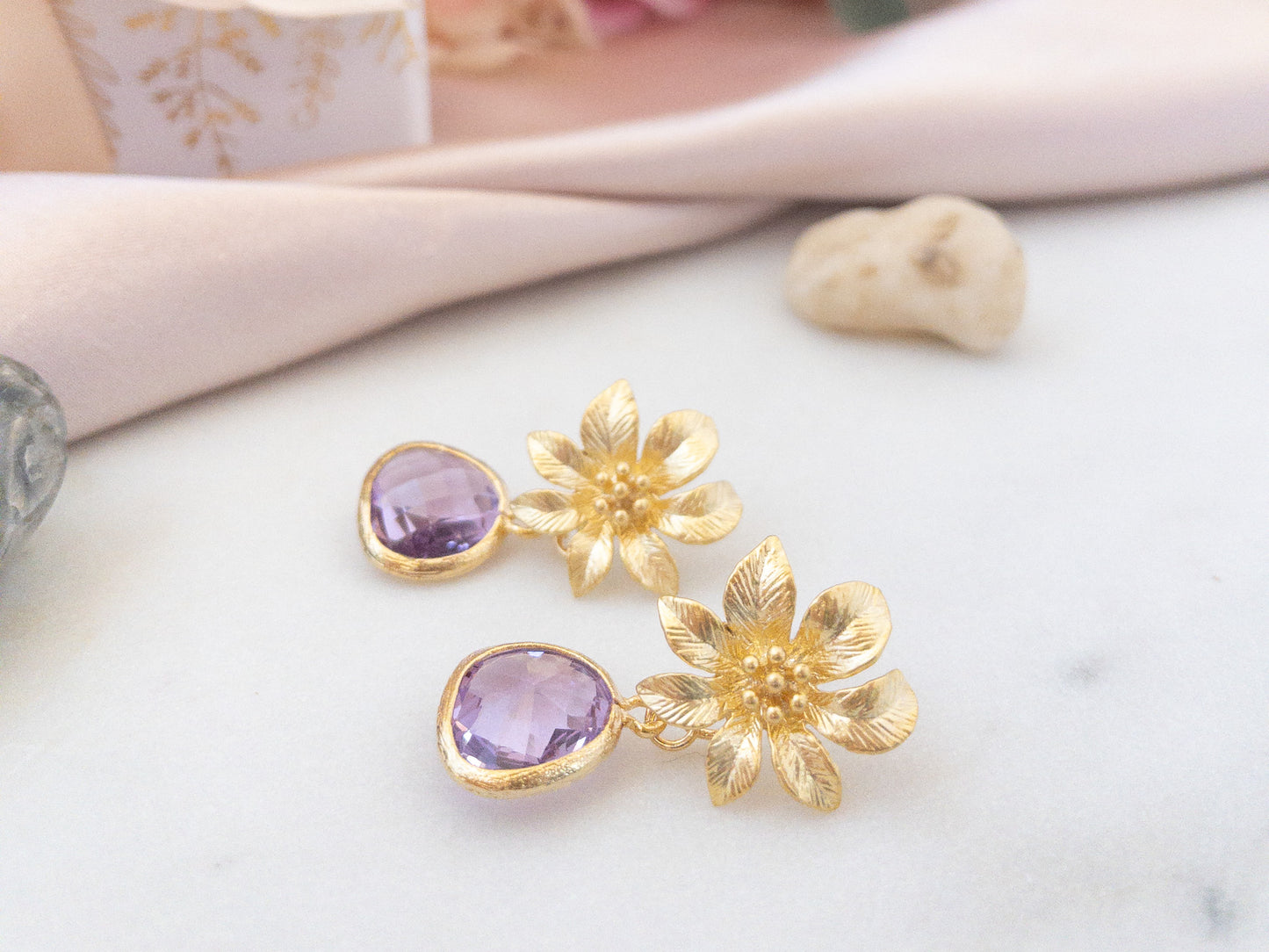 Gold Clematis Flower Earrings with Lilac Stones
