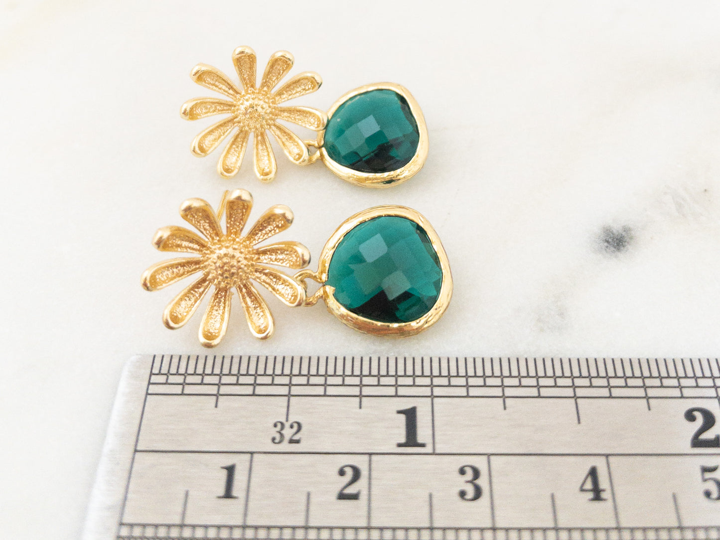 Gold Daisy Flower Earrings with Green Crystals