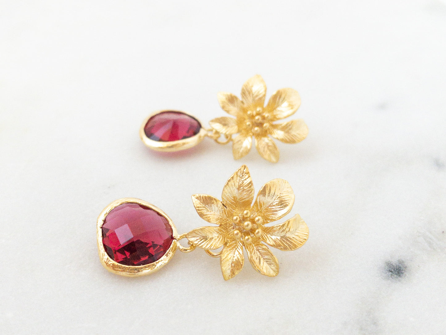 Gold Clematis Flower Earrings with Red Crystals
