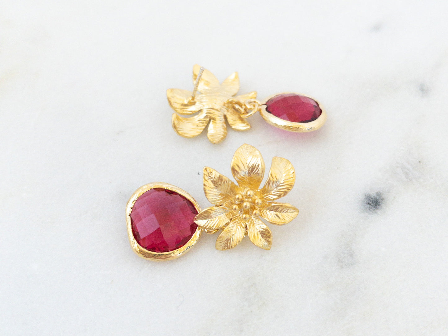 Gold Clematis Flower Earrings with Red Crystals