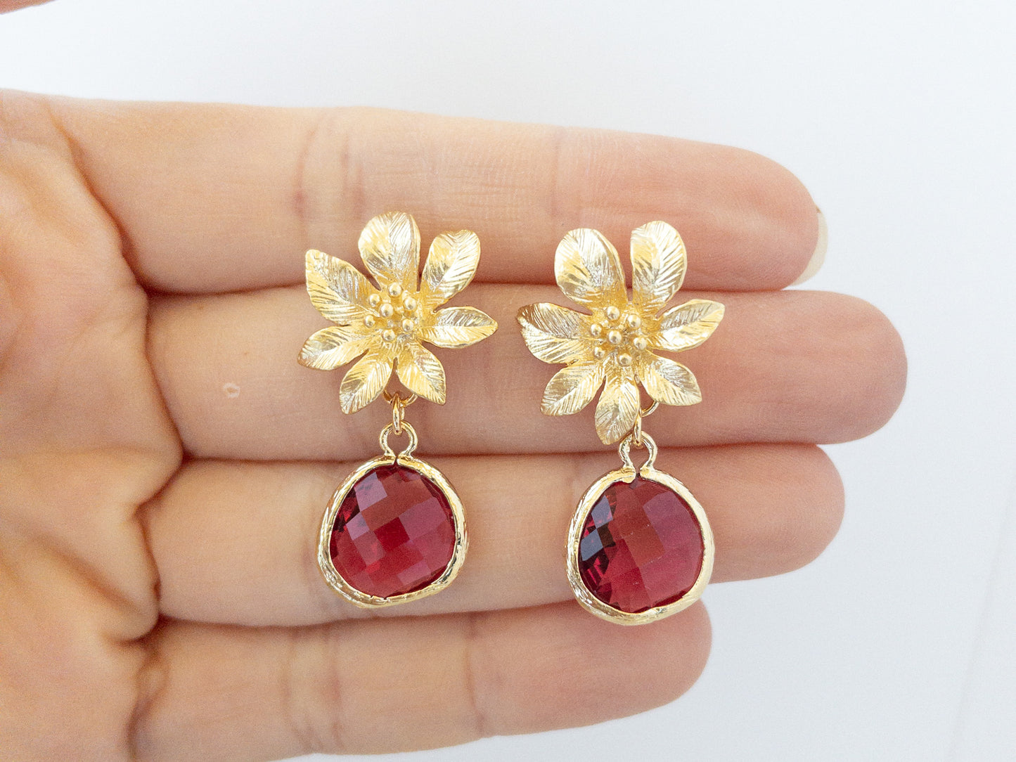 Gold Clematis Flower Earrings with Red Crystals
