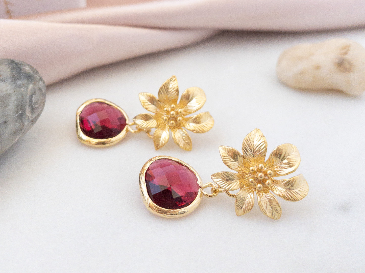 Gold Clematis Flower Earrings with Red Crystals