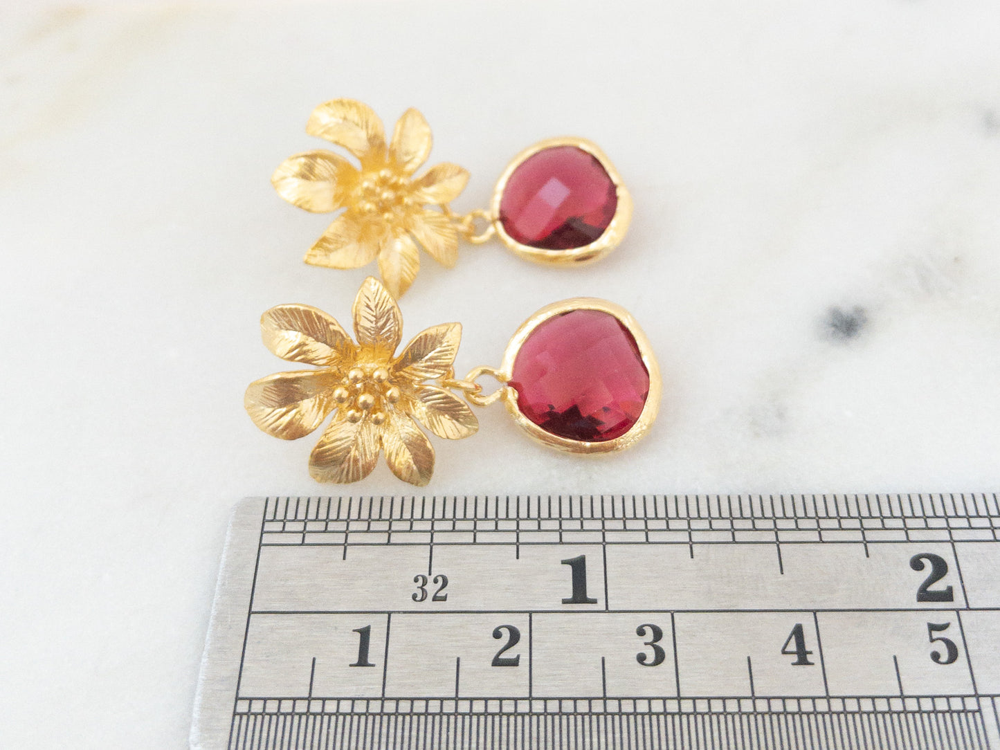 Gold Clematis Flower Earrings with Red Crystals