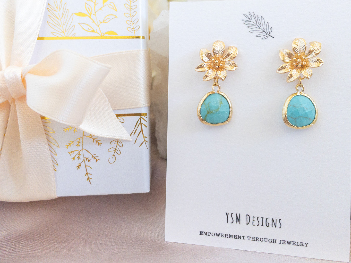 Gold Clematis Flower Earrings with Turquoise Stones