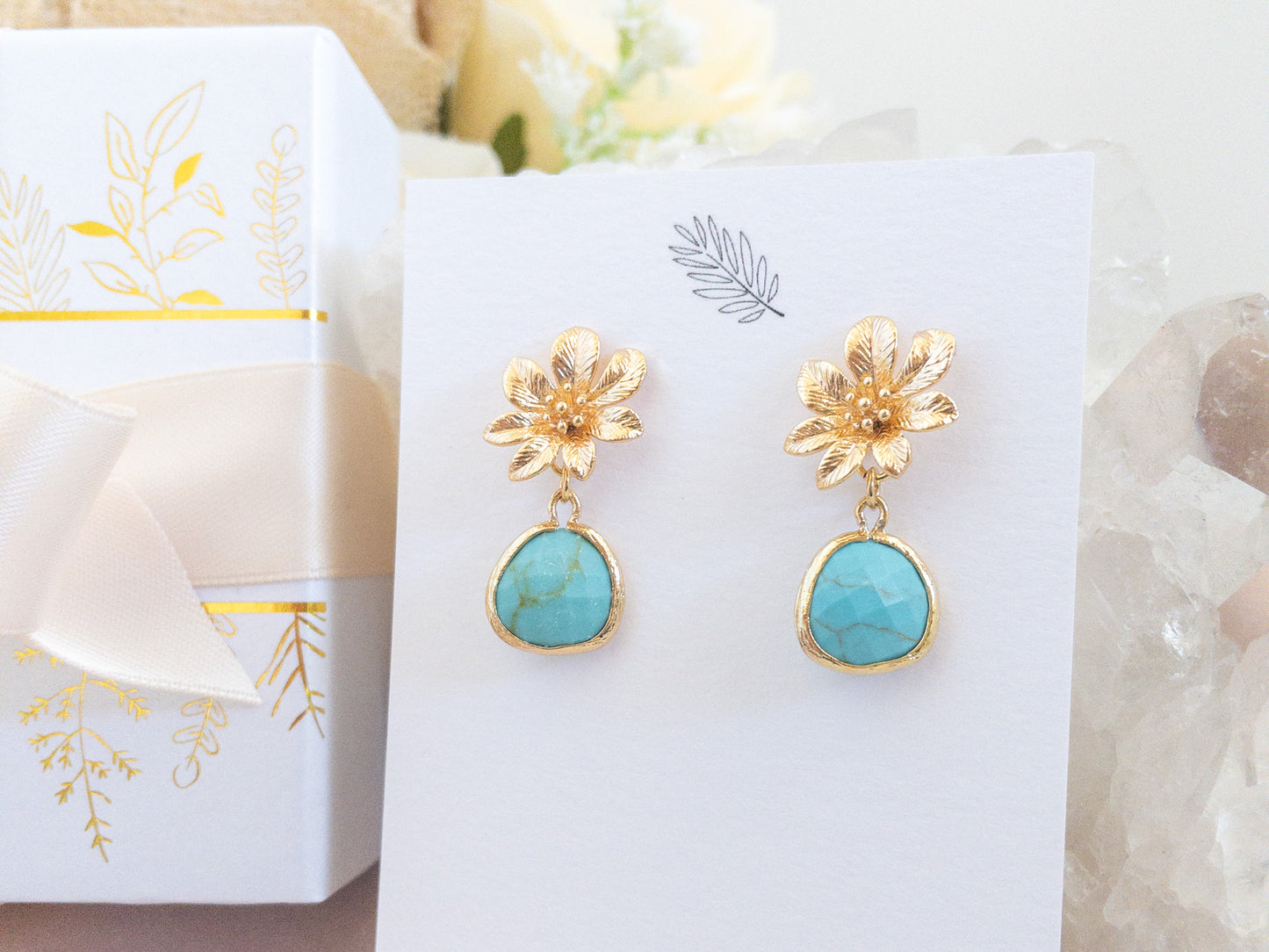 Gold Clematis Flower Earrings with Turquoise Stones