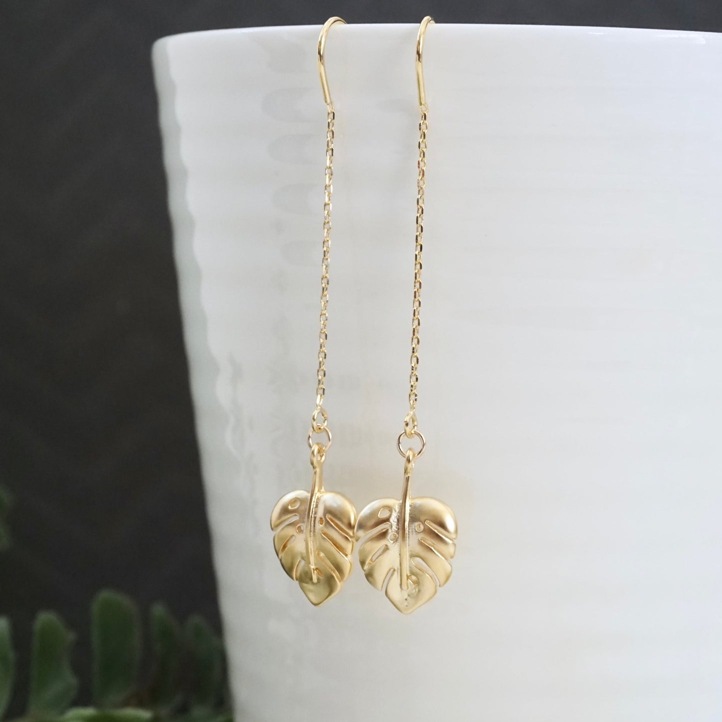 Gold Monstera Threader Earrings