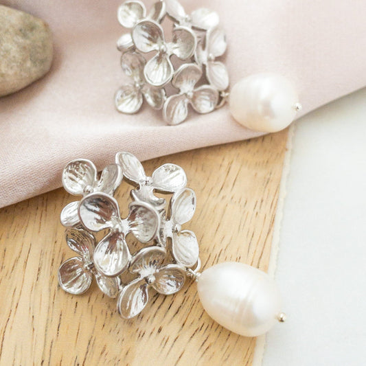 Silver hydrangea flowers with freshwater pearls