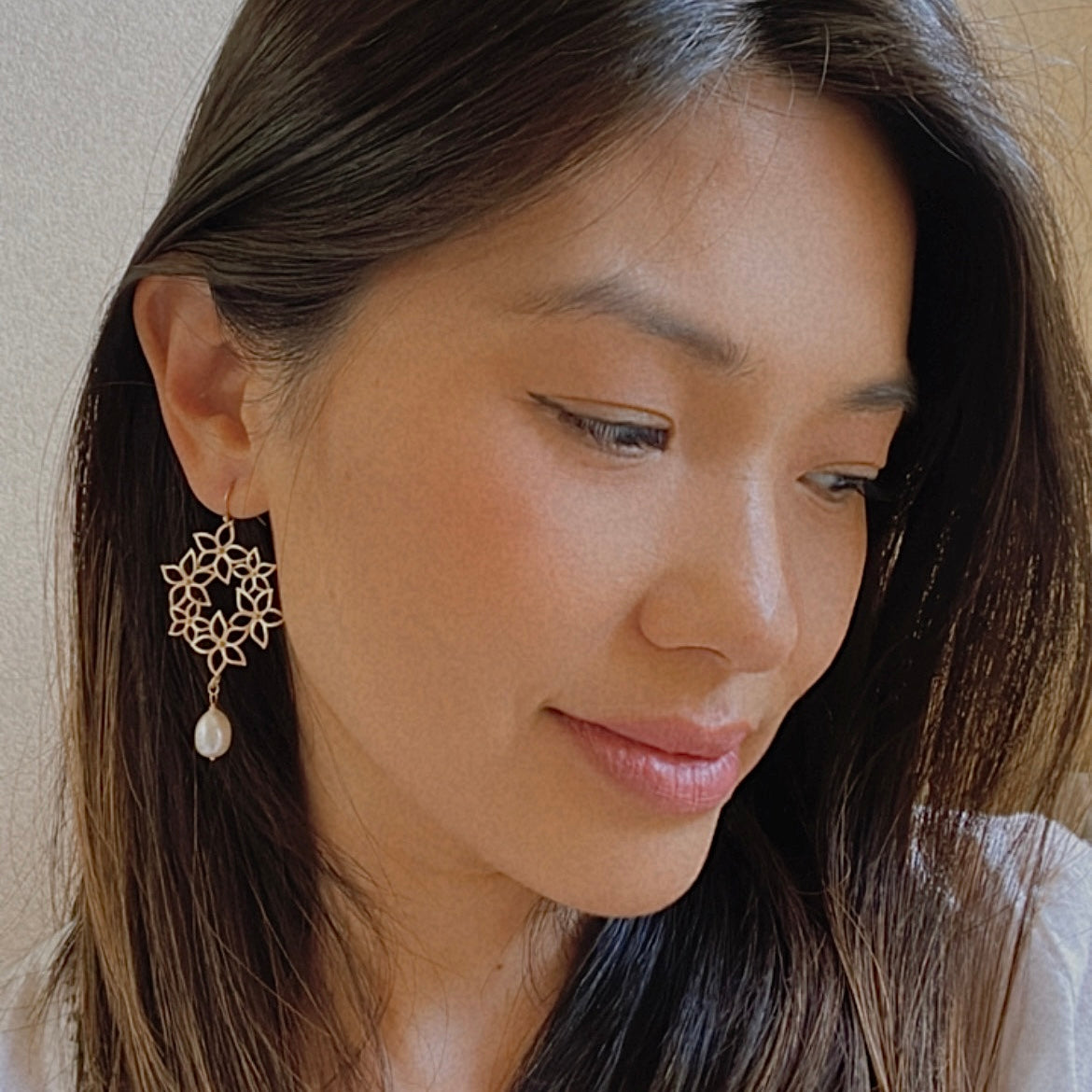 Gold Plumeria Earrings with Pearls