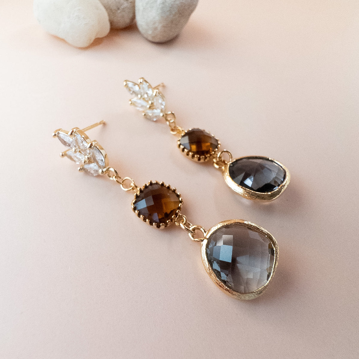 Gold drop earrings with marquise crystal leaf studs, amber cushion stones and smoky teardrops