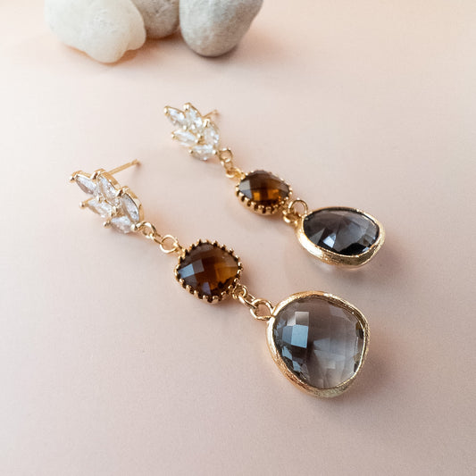 Gold drop earrings with marquise crystal leaf studs, amber cushion stones and smoky teardrops