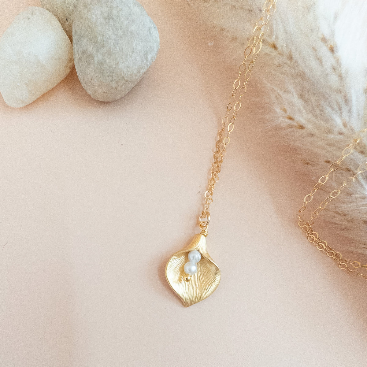 gold calla lily pendant necklace with freshwater pearl on 14K gold filled chain