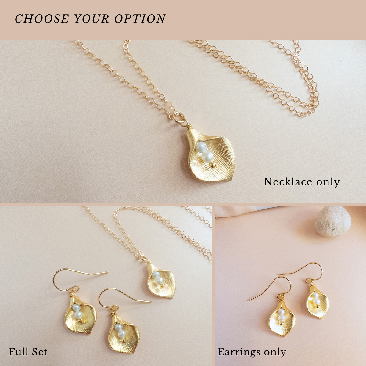 calla lily pearl jewelry set options