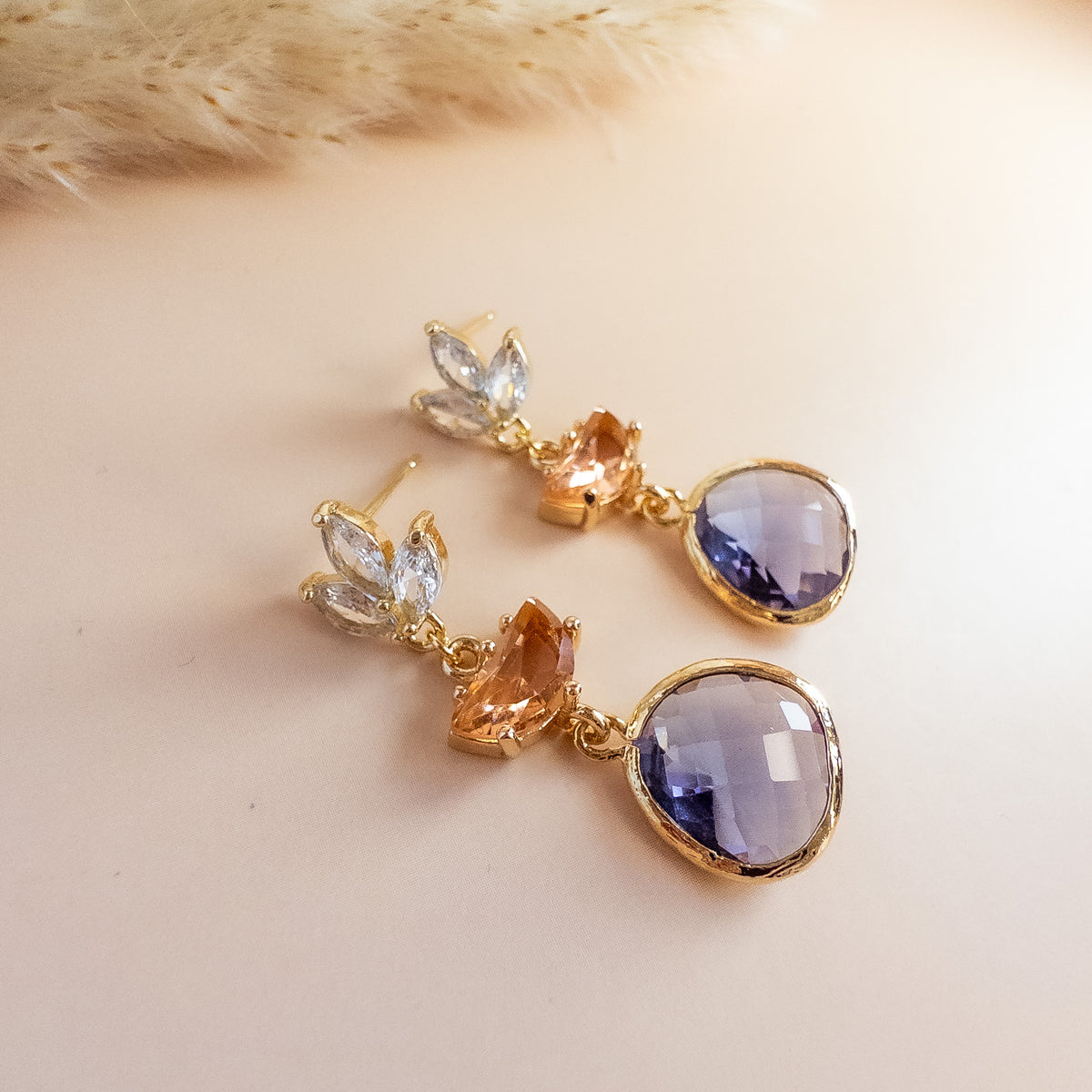 Cora Peach and Plum Crystal Drop Earrings