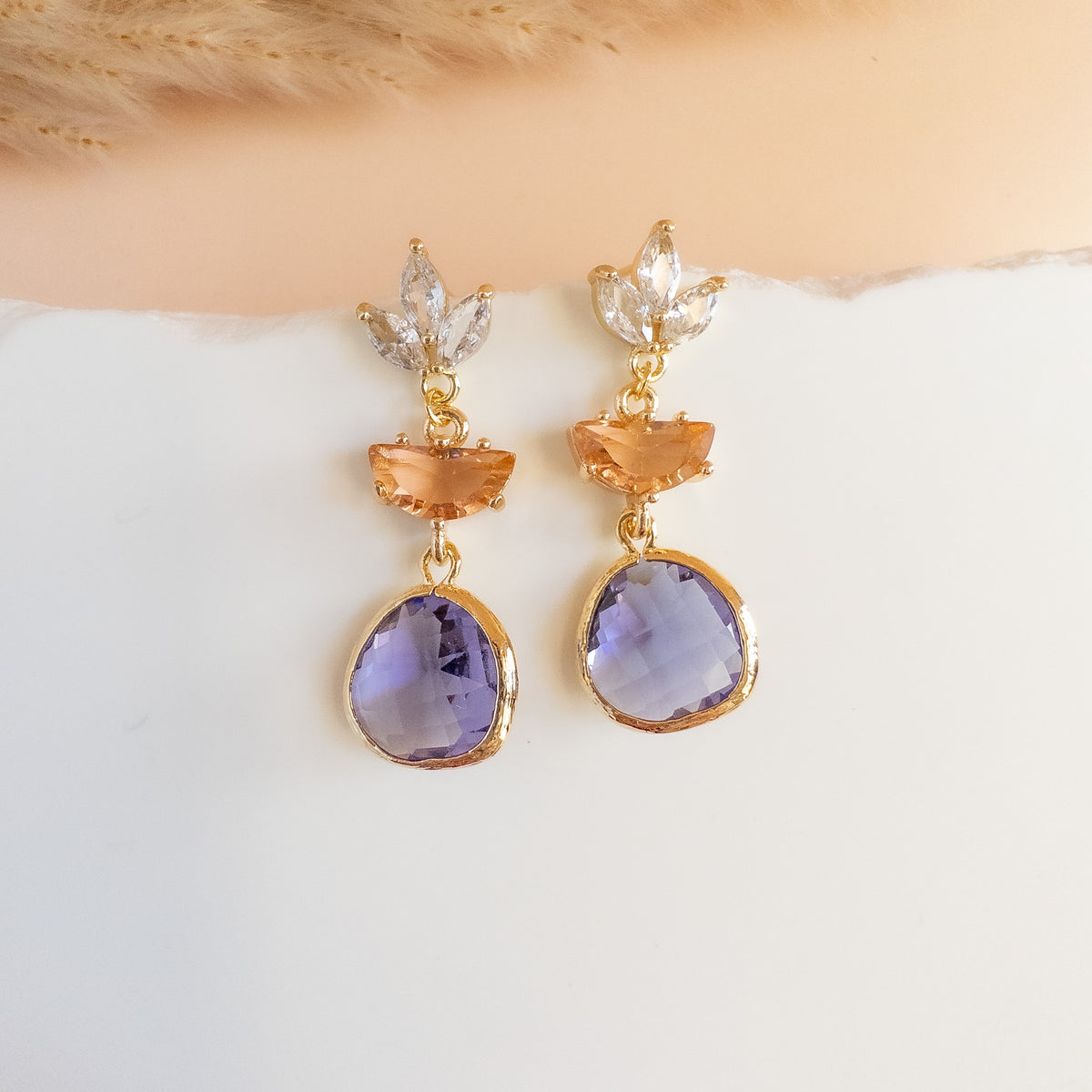 Gold drop earrings with marquise crystal cluster, peach stone and plum crystal drop