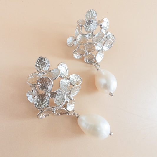 Hydrangea Flower Earrings with Freshwater Pearls