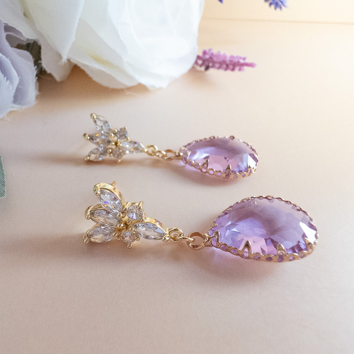 Lavender teardrop earrings with white roses and lavender sprigs