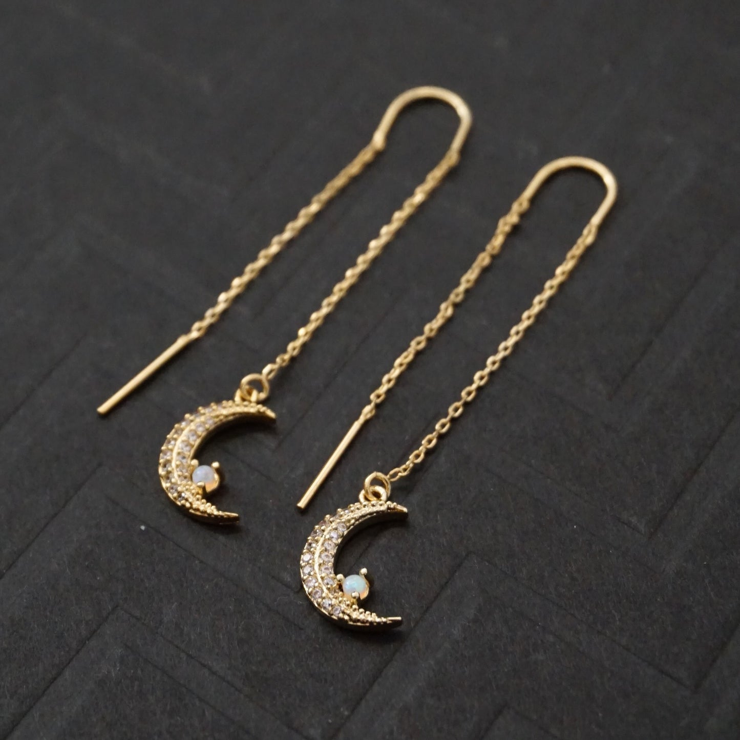 Opal Crescent Moon Threader Earrings