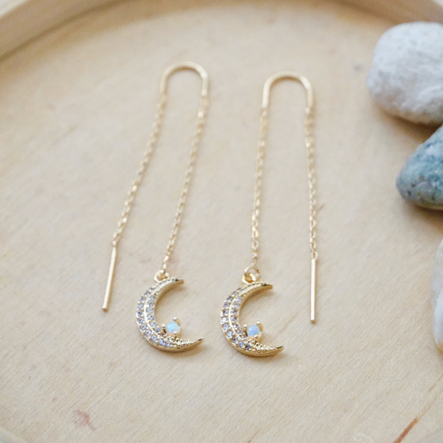 Opal Crescent Moon Threader Earrings