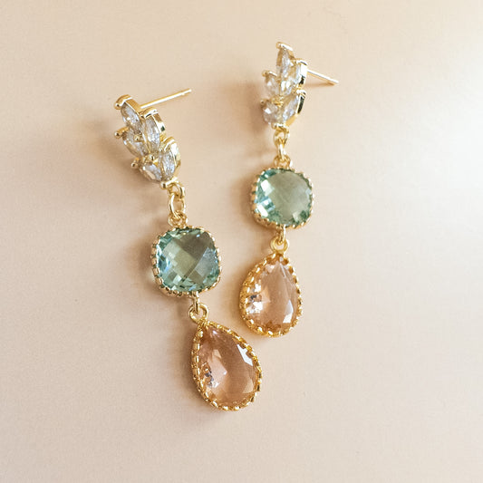 Seafoam green and peach crystal art deco drop earrings in gold by YSM Designs