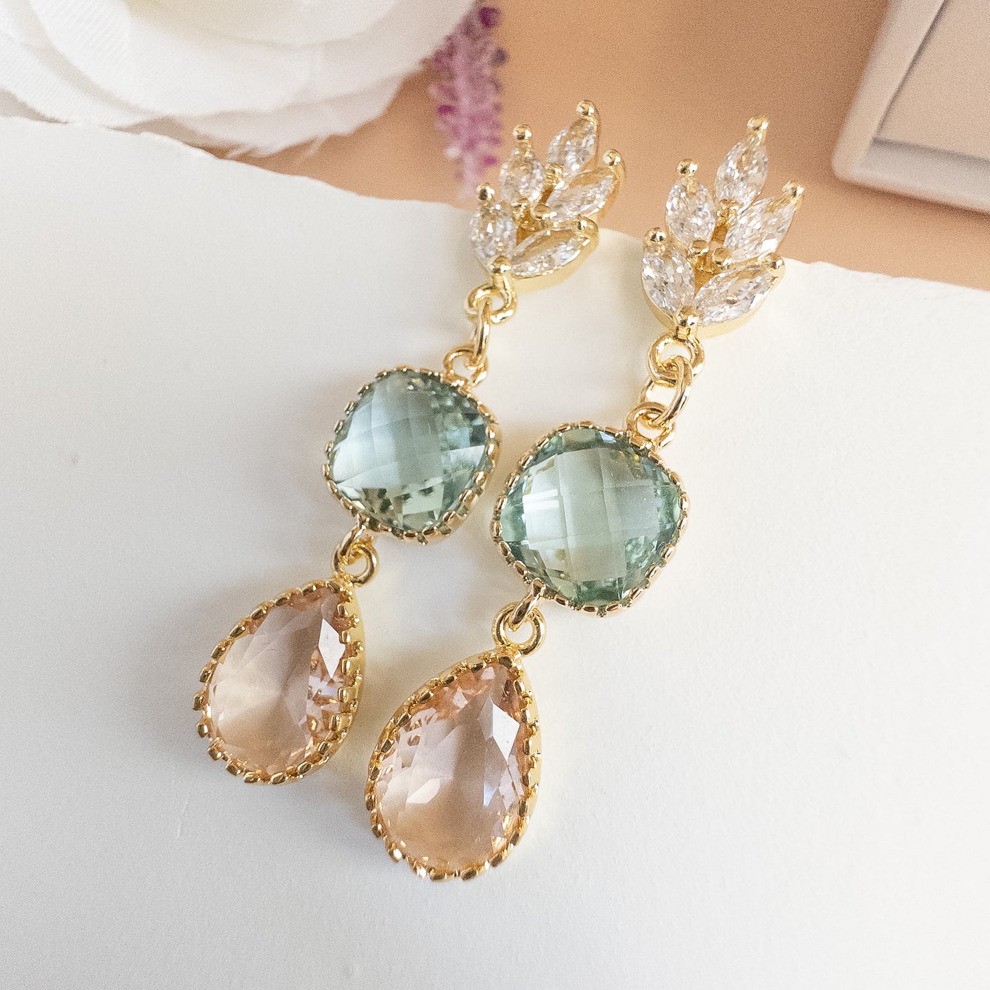 Seafoam & Peach Crystal Drop Earrings