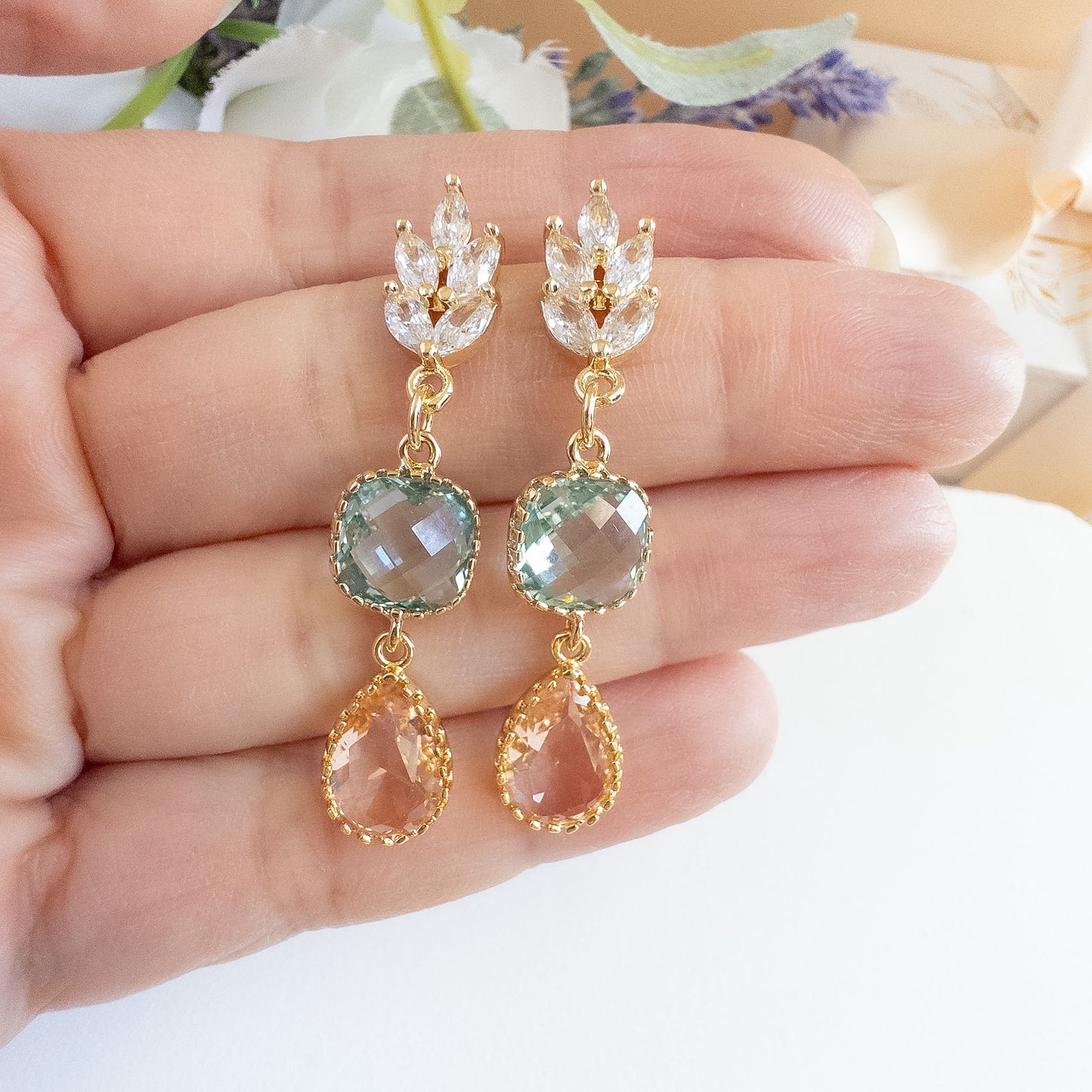 Seafoam & Peach Crystal Drop Earrings