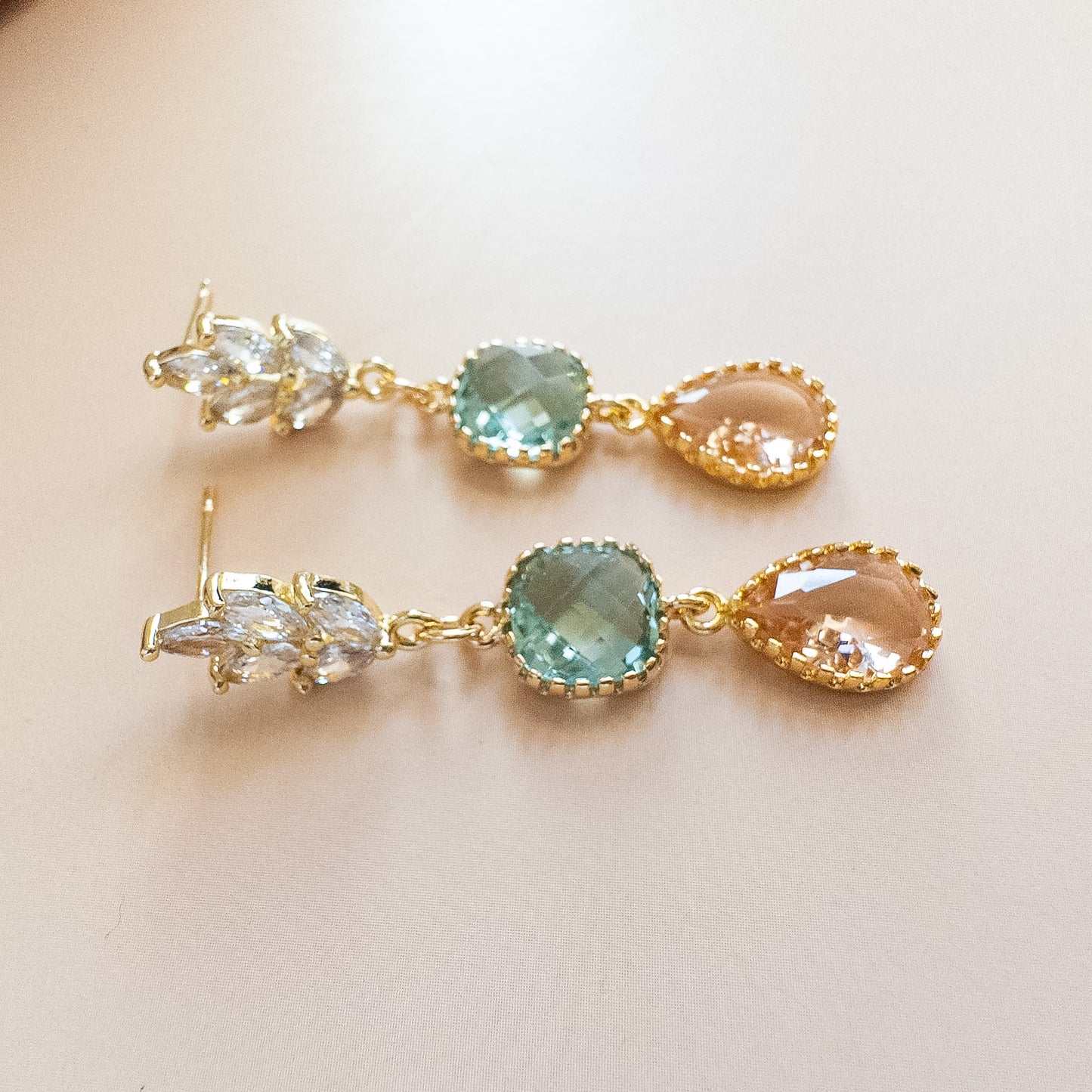 Seafoam & Peach Crystal Drop Earrings