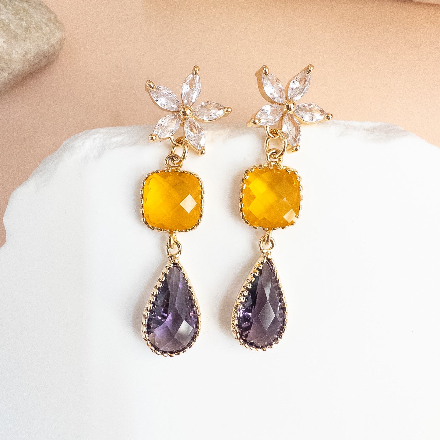 Golden Bloom Drop Earrings - Mustard & Plum
