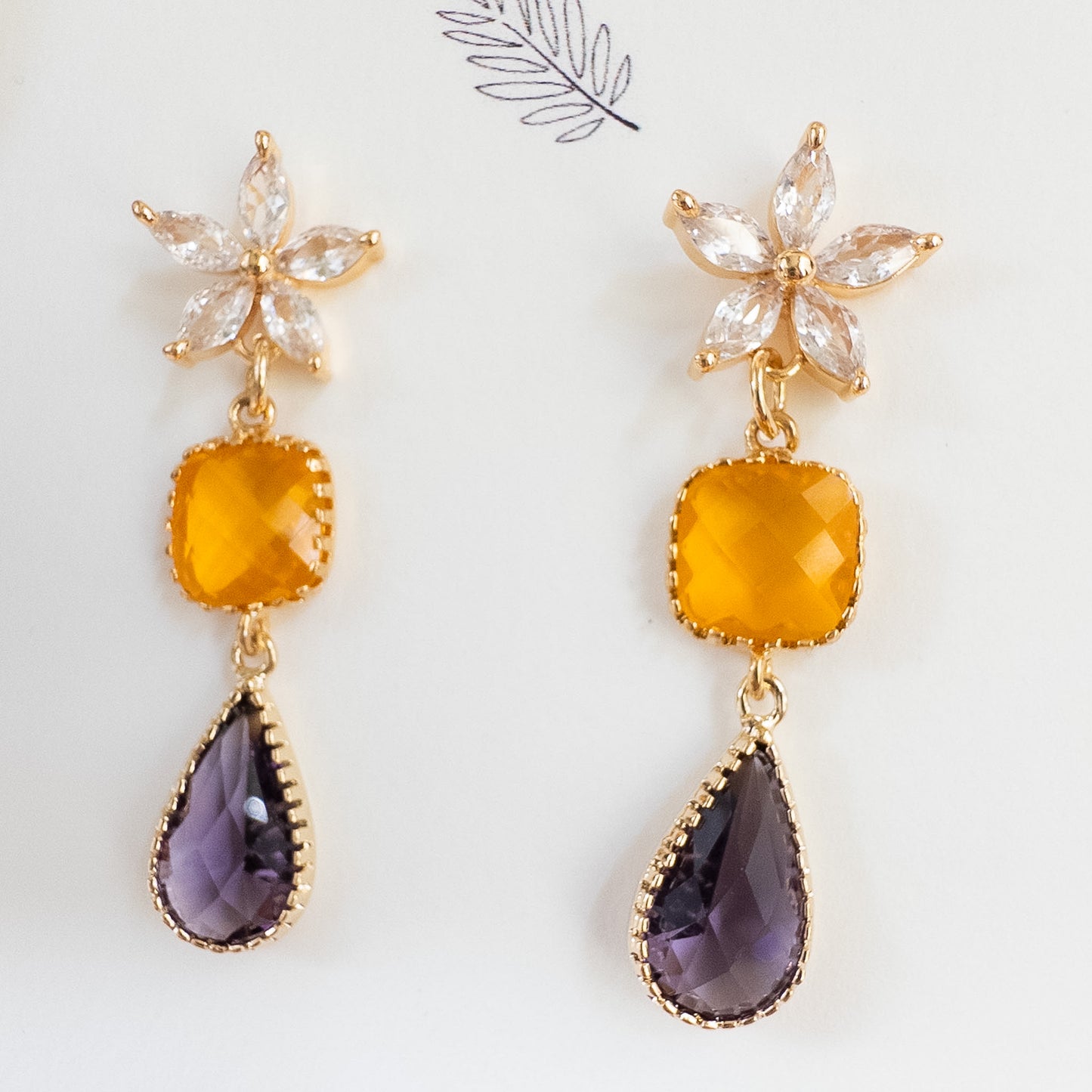 Golden Bloom Drop Earrings - Mustard & Plum