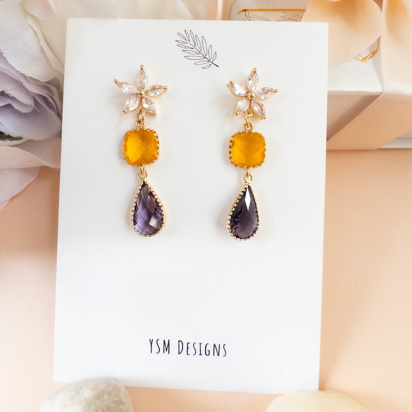 Golden Bloom Drop Earrings - Mustard & Plum