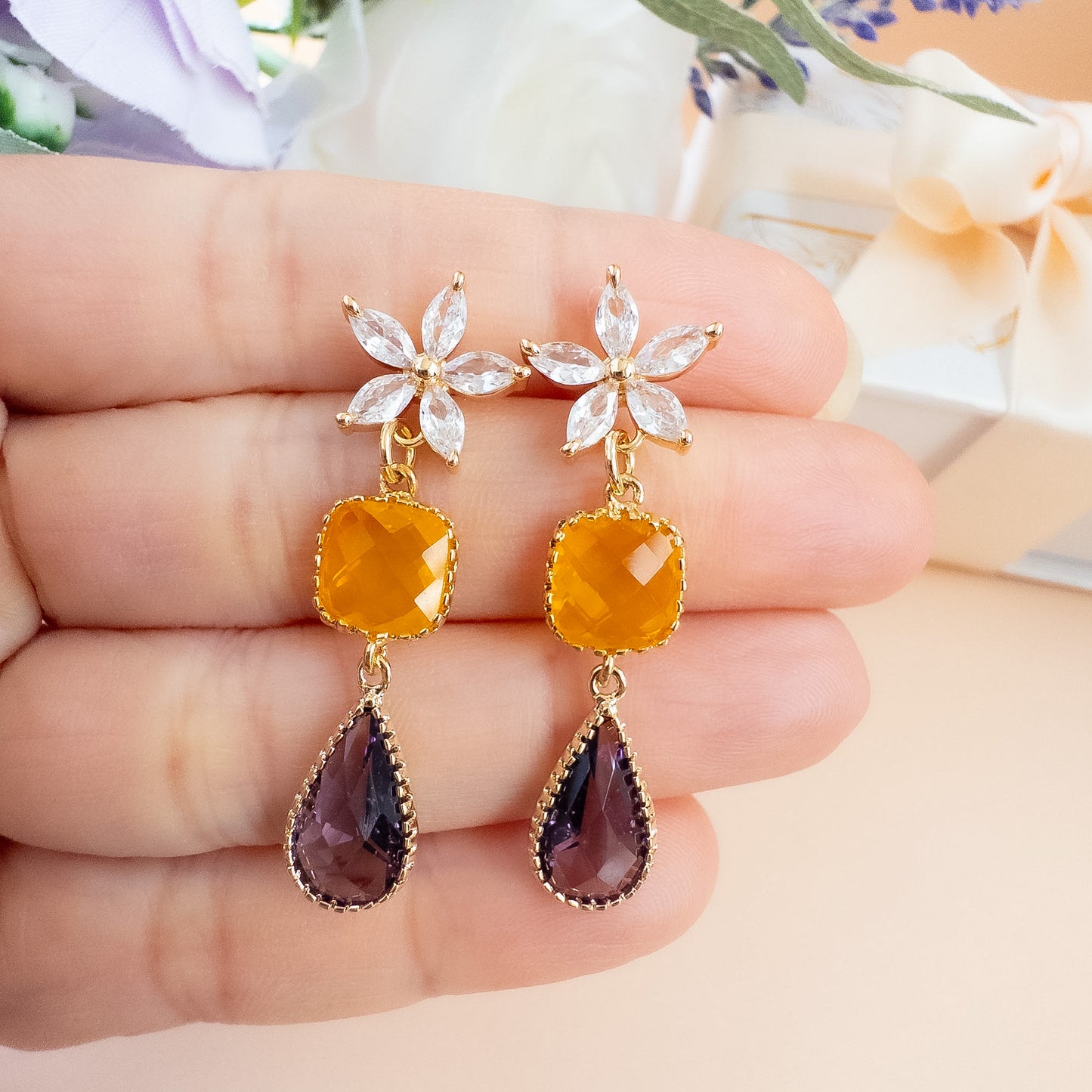 Golden Bloom Drop Earrings - Mustard & Plum