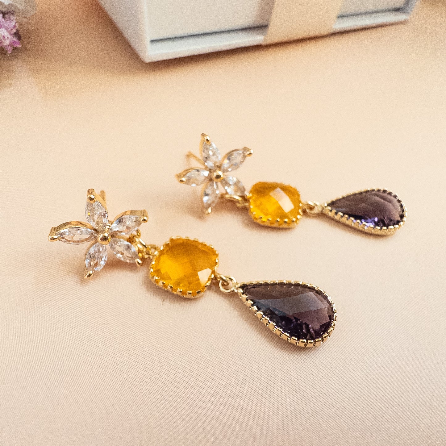 Golden Bloom Drop Earrings - Mustard & Plum