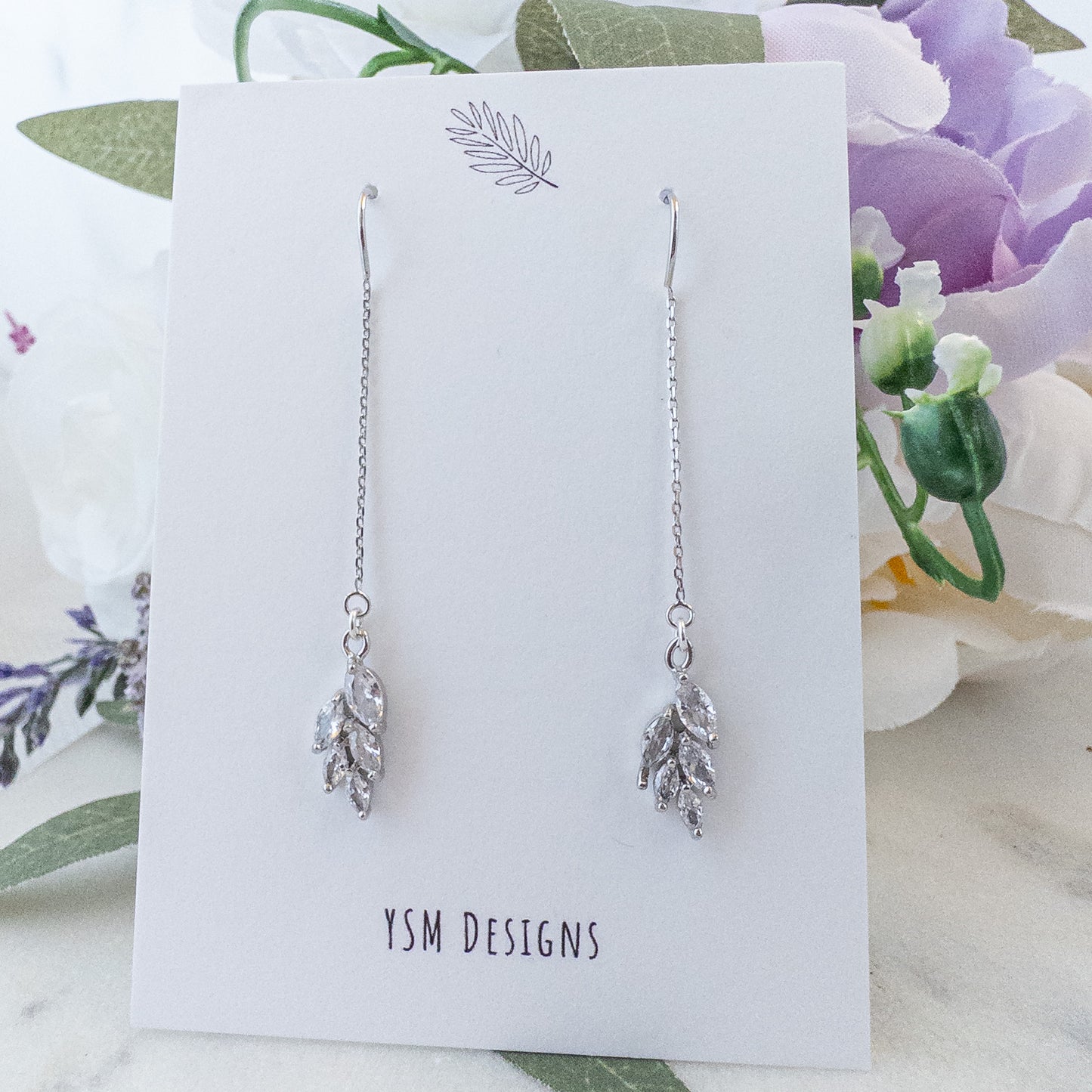 Crystal Leaf Threader Earrings - Silver