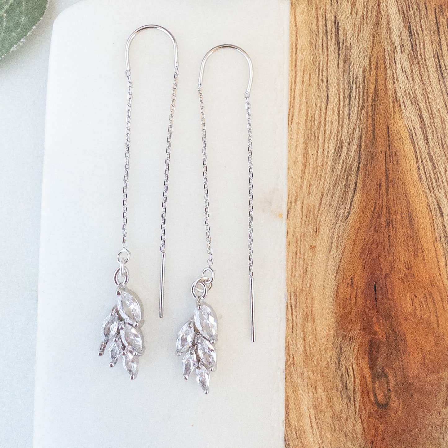 Crystal Leaf Threader Earrings - Silver