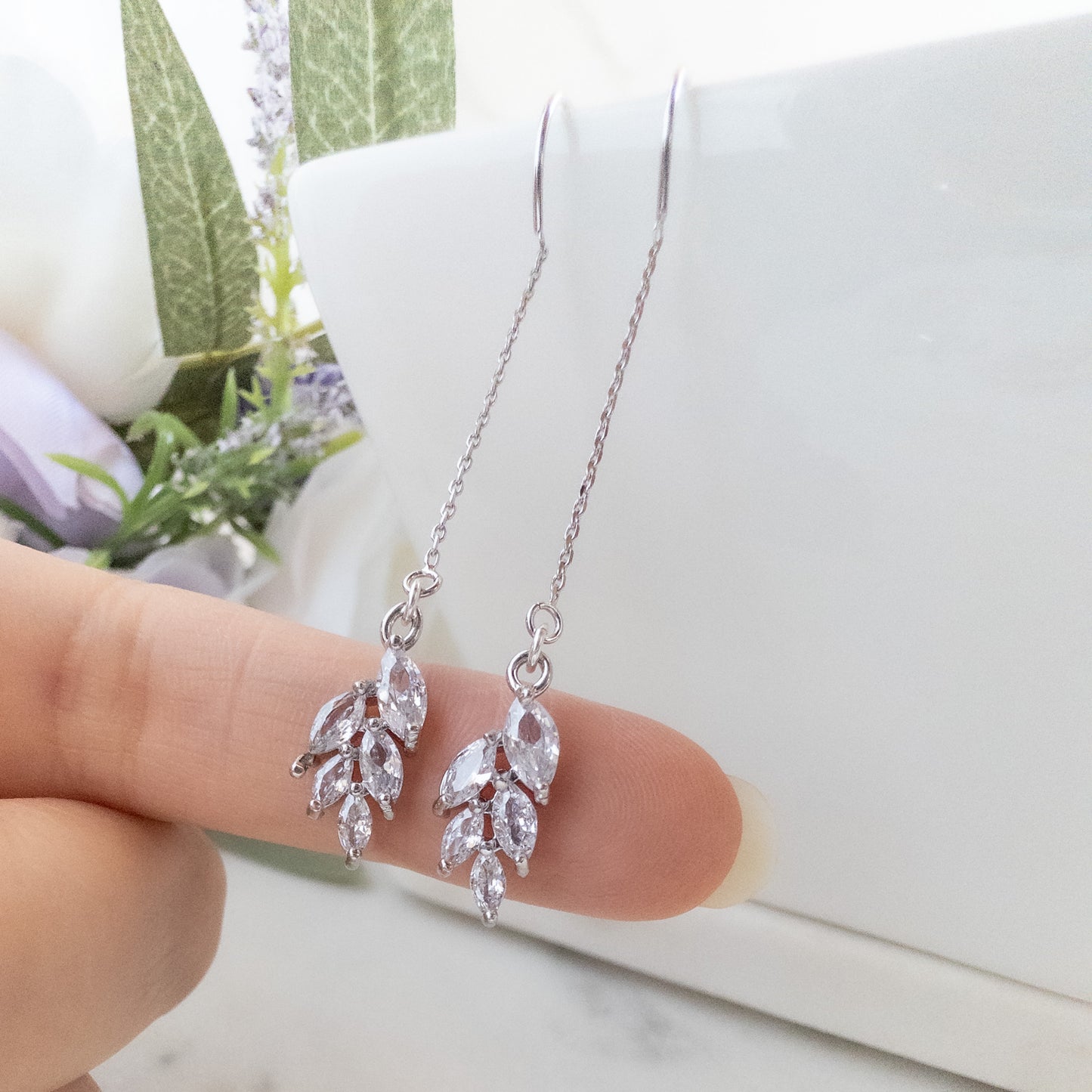 Crystal Leaf Threader Earrings - Silver