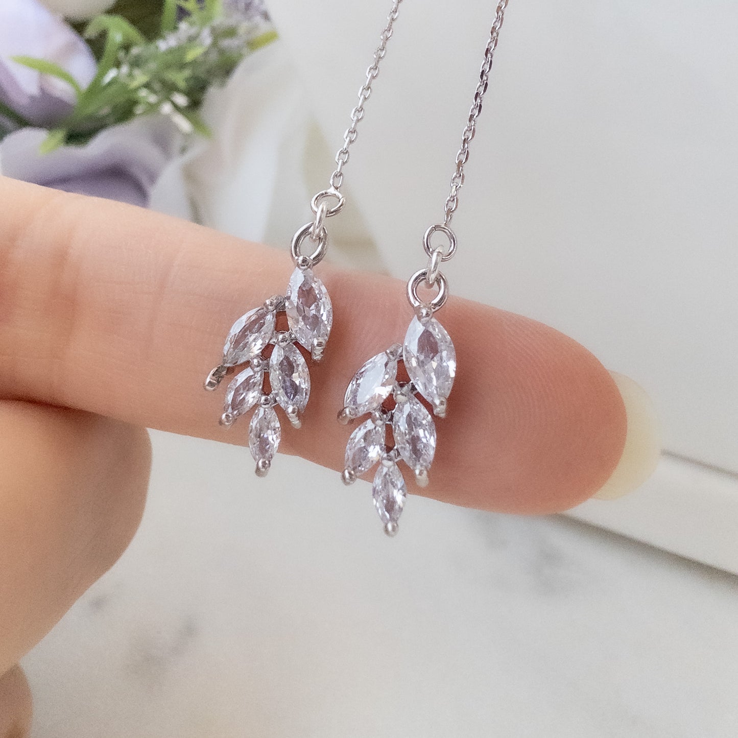 Crystal Leaf Threader Earrings - Silver