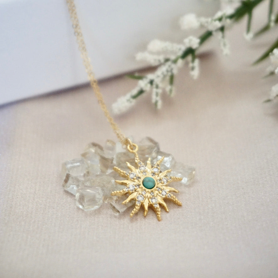 Dainty Sunburst Necklace with turquoise center stone