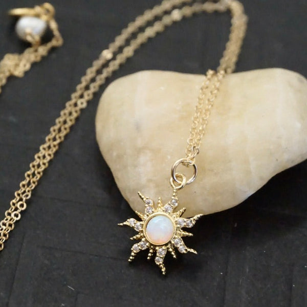 Sunburst Necklace, Opal Necklace, Sun Necklace, Celestial Jewelry