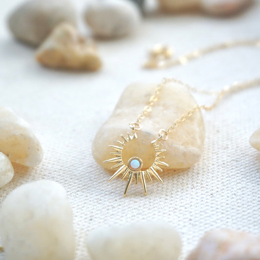 Sunburst necklace with an opal stone center by YSM Designs