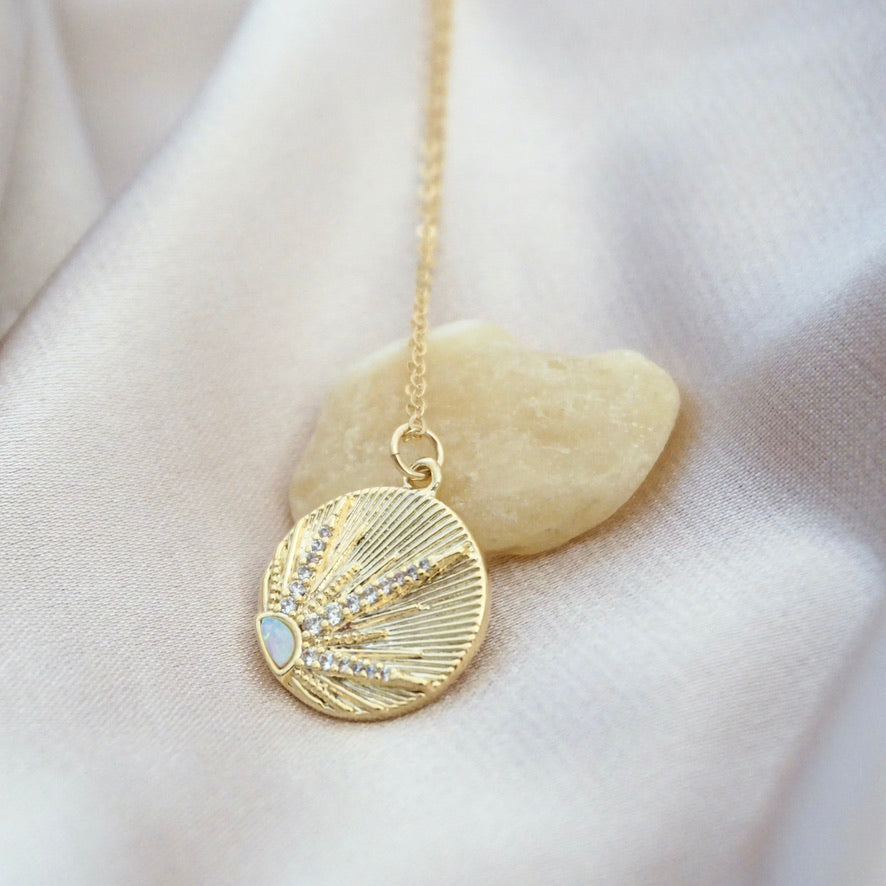 Sunburst coin necklace with opal stone