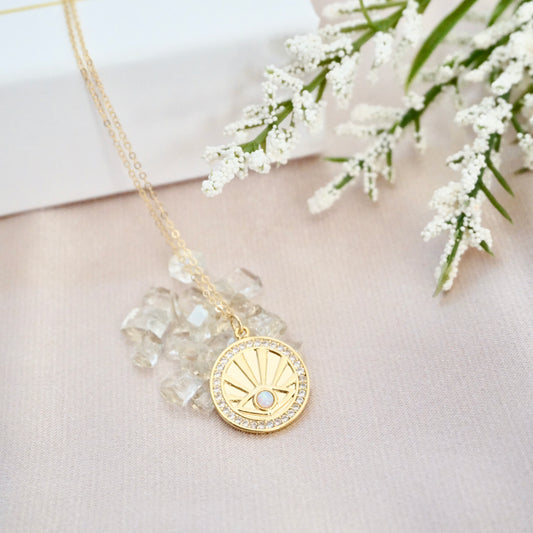 Opal Sun Burst Coin Necklace