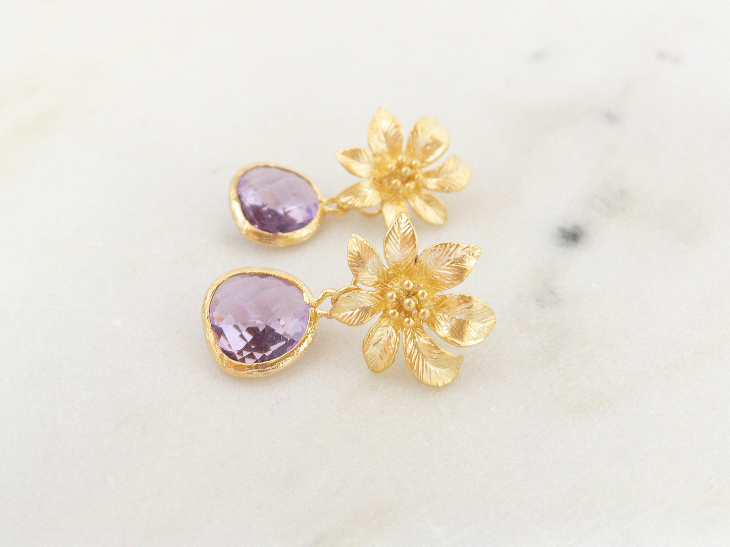 Gold Clematis Flower Earrings with Lilac Stones
