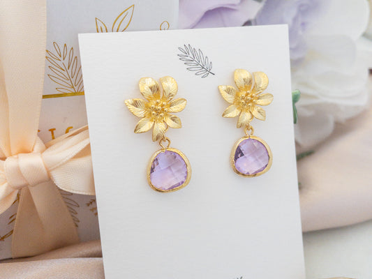 Gold Floral Earrings with light purple stones by YSM Designs