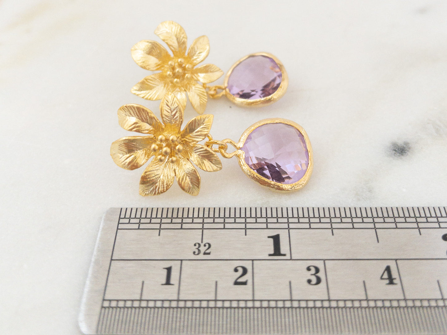 Gold Clematis Flower Earrings with Lilac Stones